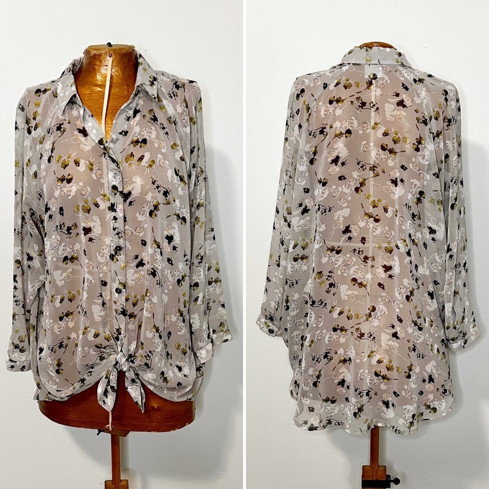 CAbi Matinee Semi Sheer Floral Print Button Down Blouse